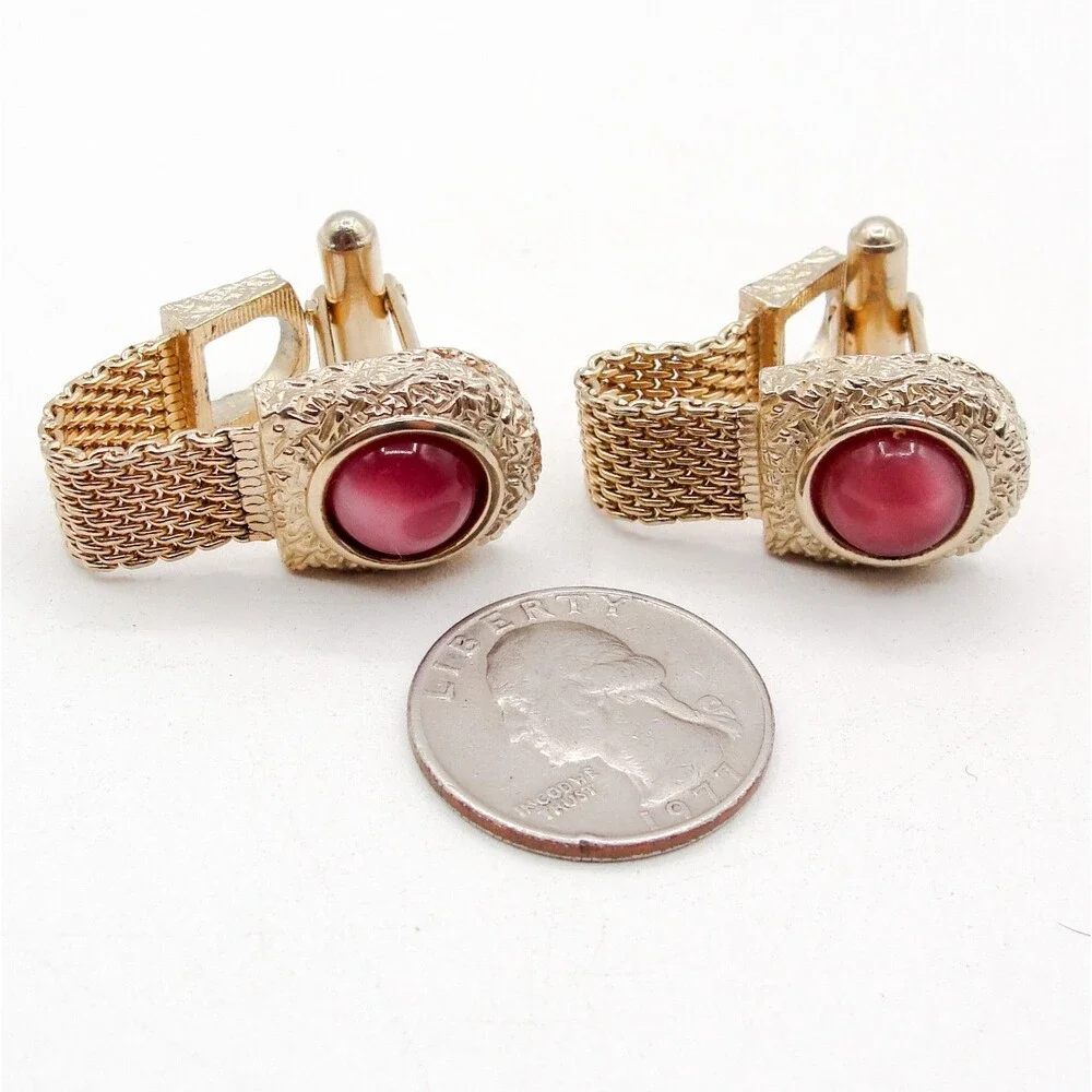 Vintage Swank Rose Red Moonglow Cabochon Gold Tone Mesh Wrap Around Cufflinks